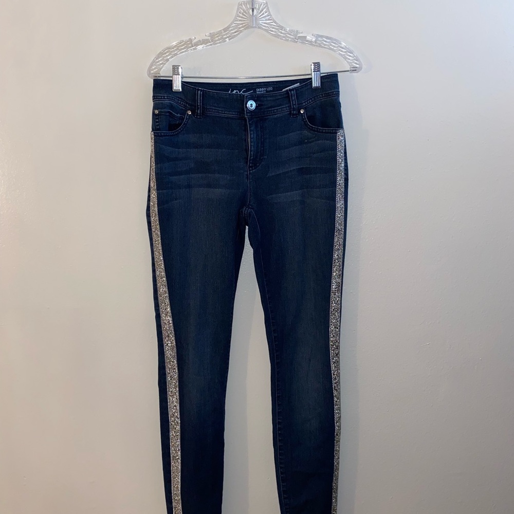 Dark wash skinny with gems down sides